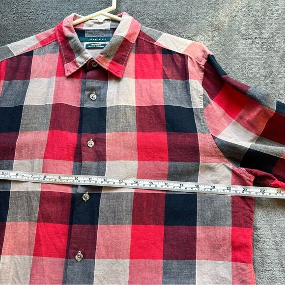 Perry Ellis Sz M Linen Cotton Blend Plaid Red Long Sleeve Shirt Button Down - Picture 6 of 14